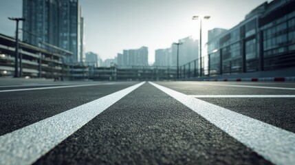 Fototapeta premium Empty asphalt parking lot with white diagonal lane markings seen from a low angle perspective. AI generated image