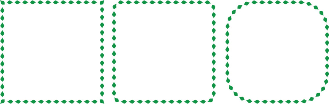 Green dotted border frame vector set with rounded shapes. Three decorative dash outlines isolated on white background. Suits greeting cards, labels, and certificate border templates.

