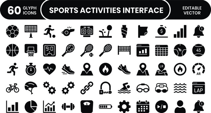 Sports activities interface glyph icon set with fitness tracking workout dashboard and athletic performance symbols