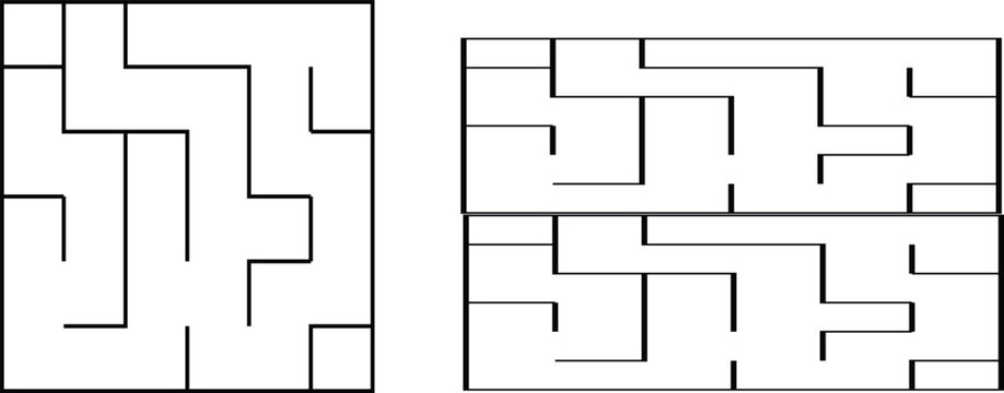 Black and white maze puzzles three interconnected labyrinth designs