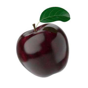 A shiny dark red apple with a green leaf on a transparent background