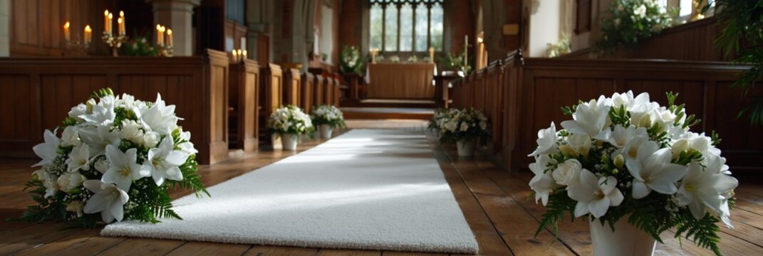 Aisle floral arrangements lining carpeted aisle in chapel