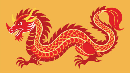 Obraz premium Vibrant red and gold chinese dragon illustration with detailed patterns on a yellow background, a powerful cultural symbol