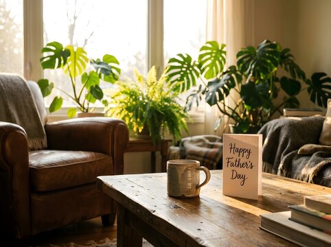Father's day card coffee and cozy living room scene