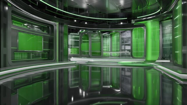 3D virtual studio background featuring integrated green screen walls, modern design, and broadcast-ready lighting.