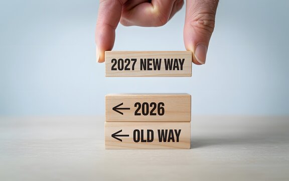 Embracing the future A hand places a '2027 New Way' block, illustrating strategic business transformation, annual progress, and the shift from outdated methods to modern approaches