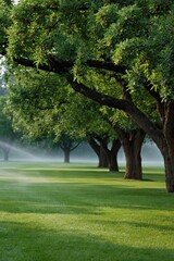 Fototapeta premium Orchard trees lining sunlit grassy fairway with sprinklers