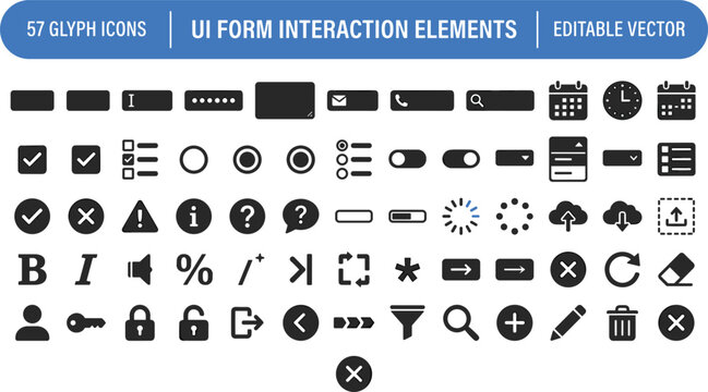 UI Form Interaction Elements Glyph Icon Set Featuring Input Fields Buttons Toggles Validation Symbols and Editable Vector Interface Icons