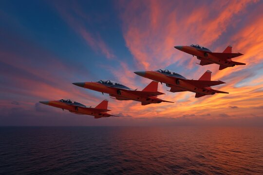 Six training jets performing close formation over ocean at dusk