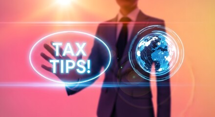Fototapeta premium Tax tips and global finance business man with digital earth illustration