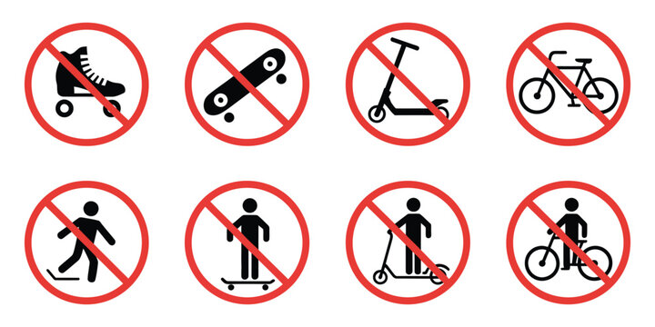No skating sign icon set featuring roller skate, skateboard, bike, and kick scooter prohibition and permitted symbols.
