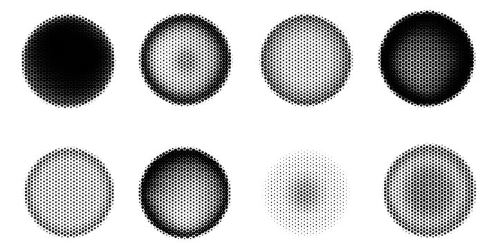 Halftone gradient circles collection. Dots textured round patterns. Cartoon comic radial faded background set. Abstract pixelated elements for frame, poster, collage, banner, flyer. Vector bundle