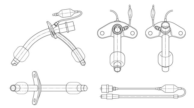 Tracheostomy tube medical device technical drawing blueprint with front side back and top views CAD line art vector illustration
