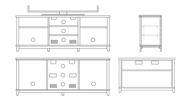 TV stand furniture technical drawing blueprint with front side back and top views CAD line art vector illustration