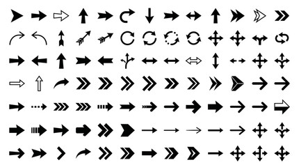Obraz premium Large collection of black arrow icons in diverse styles and directions perfect for UIUX design web elements and mobile app navigation