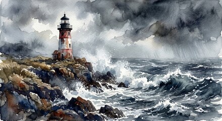 Obraz premium Dramatic coastal scene with a lighthouse battling against a fierce storm, showcasing resilience and the power of nature's raw beauty, a beacon of hope amidst the tempest.