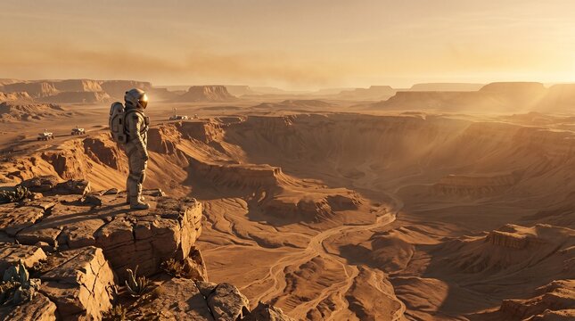 An astronaut in a spacesuit stands on a rocky cliff overlooking a vast Martian canyon bathed in the dramatic light of an alien sunrise symbolizing fut