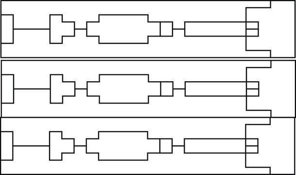 Three identical line diagrams of mechanical components in black and white