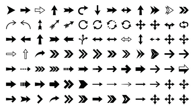 Large collection of black arrow icons in diverse styles and directions perfect for UIUX design web elements and mobile app navigation