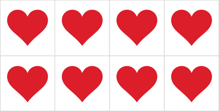 Symmetrical grid of red heart icons arranged in two rows and four columns on clean white background for love concepts