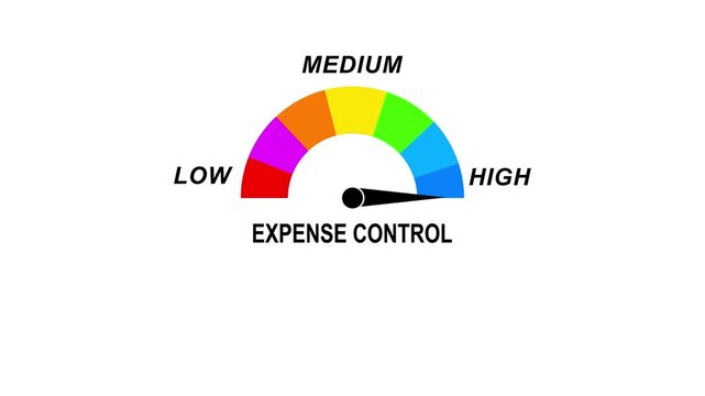 Animated expense control meter rising from low to high level, perfect for concepts related to finance, budgeting, cost management, and business savings