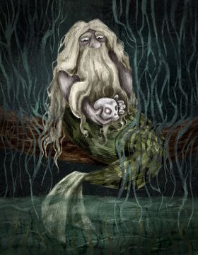 Illustration of a bearded merman with long hair holding a skull while sitting on a branch in dark swamp water