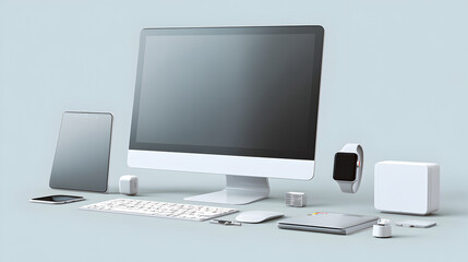 Fototapeta premium Electronics devices on a light blue background including computer and phone