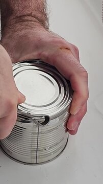 Hands opening tin can with corn kernels, close-up. Showing how to open a can with pull tab. Corns canned goods non-perishable food storage products in the home kitchen.