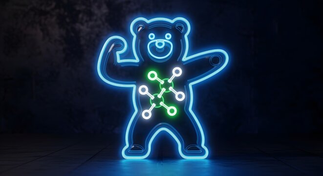 Neon icon of a gummy bear in a bold pose, outlined in electric blue, with a molecular creatine structure glowing inside it.