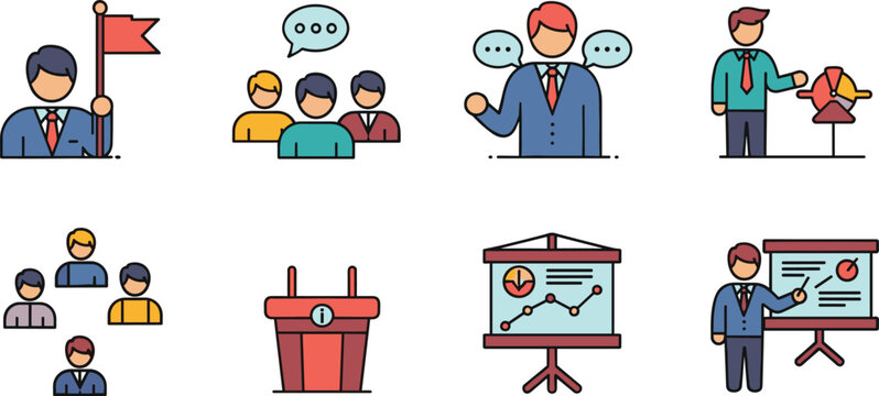 Leadership and Teamwork Icon Set Featuring Businessman, Group Discussion, Presentation, Flag, and Charts for Leadership, Teamwork, and Business Strategy