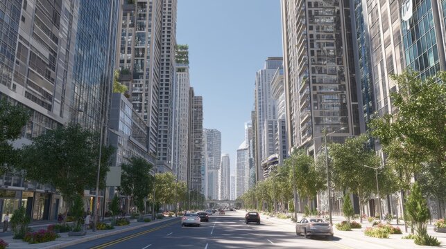 A photorealistic city street scene showcasing modern infrastructure, buildings, and road layout&mdash;perfect as a background for urban themes.
