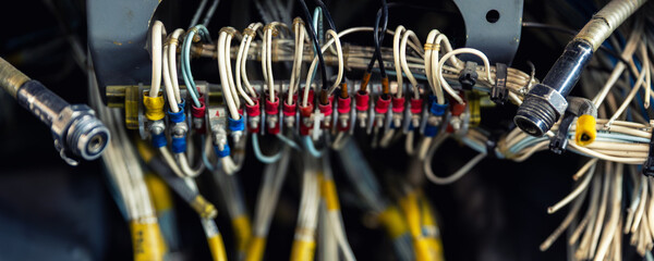 Aircraft wiring and avionics connectors inside maintenance compartment bundled cables industrial electronics. Technical aviation infrastructure show engineering systems repair service control network