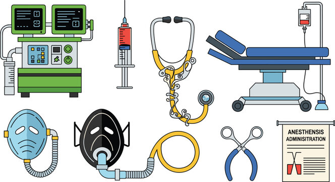 Medical Anesthesia Equipment Icon Set Featuring Stethoscopes, Ventilators, Syringes, and Operating Room Tools for Healthcare, Hospitals, and Medical Professionals