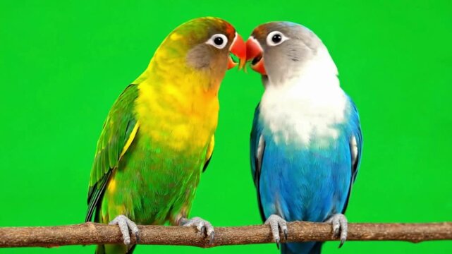 A pair of colorful lovebirds Agapornis parrots with vibrant plumage perched on a branch against a green screen symbolizing love and companionship