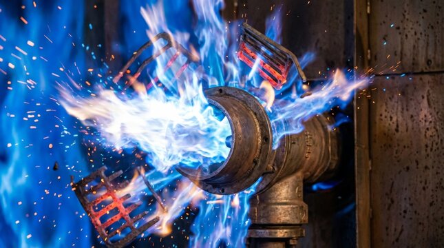 Blue flames erupt from industrial pipe connections. Bright sparks fly outward as heat intensifies the scene. Rusted metal components show signs of harsh usage