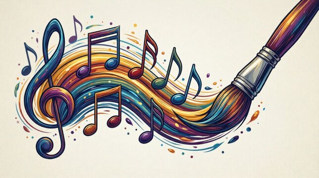 Vibrant brush strokes blend with musical notes. Colorful swirls dance between paint and melody. Imaginative fusion of art and music flows dynamically. Perfect for creative projects blending culture