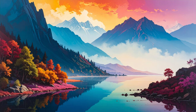 Peaceful Mountain Lake Landscape Painting