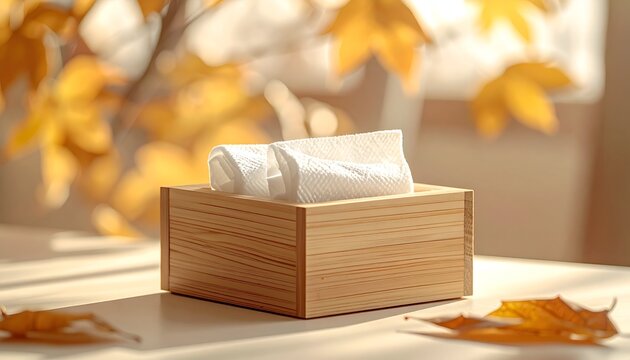 Tissue box on table, golden sunlight, autumn leaves soft focus background