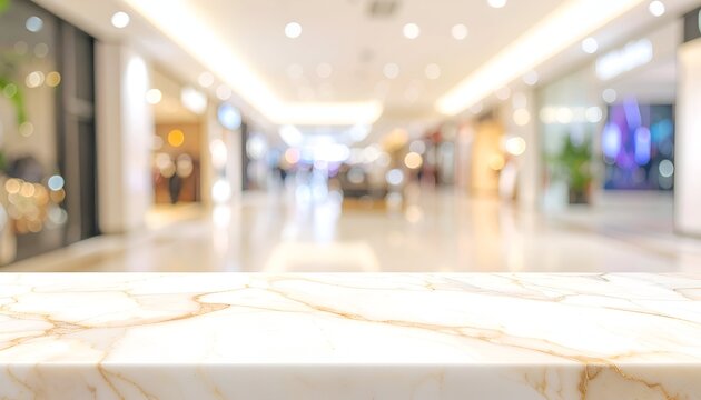 Blurred shopping mall hallway behind a marble counter or table top