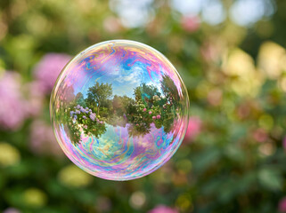 Fototapeta premium Colorful Soap Bubble Floating in Nature at Sunset