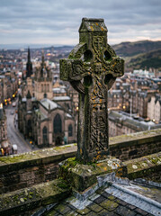 Obraz premium Ancient Celtic Cross on the Roof of an Old Church