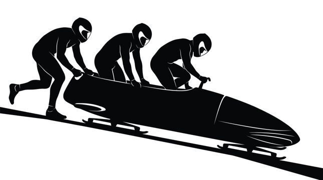 Dynamic bobsled team pushing black sled on icy track athletic winter sports action silhouette illustration isolated on white background