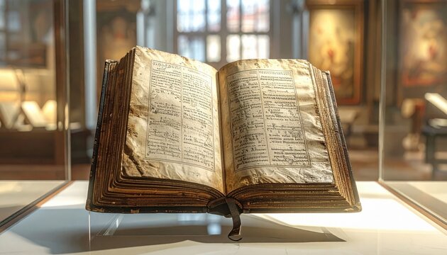An open, aged leather-bound codex with yellowed, brittle pages displaying ancient text and intricate script