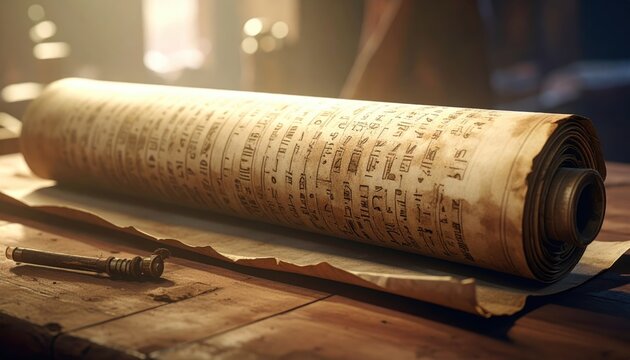 Aged papyrus scroll with hieroglyphic text unfurled on a dusty wooden table, revealing ancient secrets and history