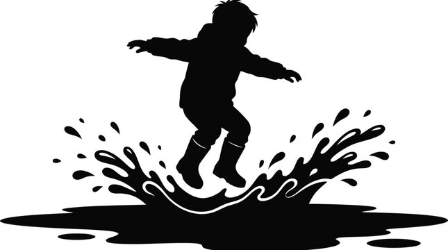 Child jumping in puddle black silhouette with water splash playful action isolated on white background