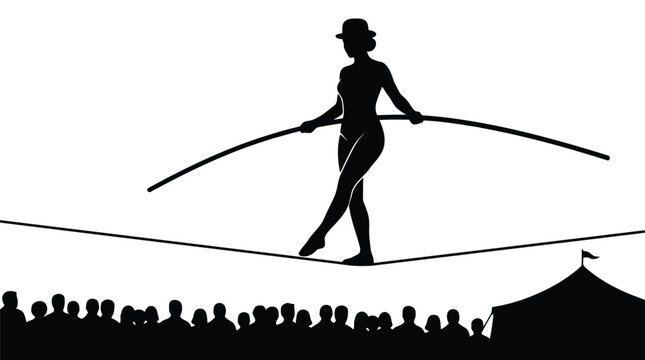 Elegant woman tightrope walking silhouette with balancing poles isolated on white background