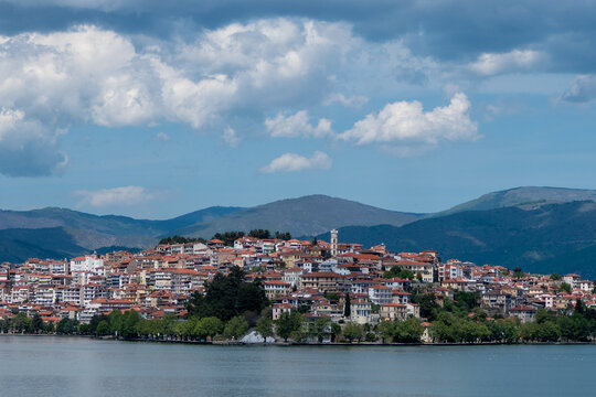 Kastoria Greece, April 29, 2026. View of the town of Kastoria and Lake Orestiada