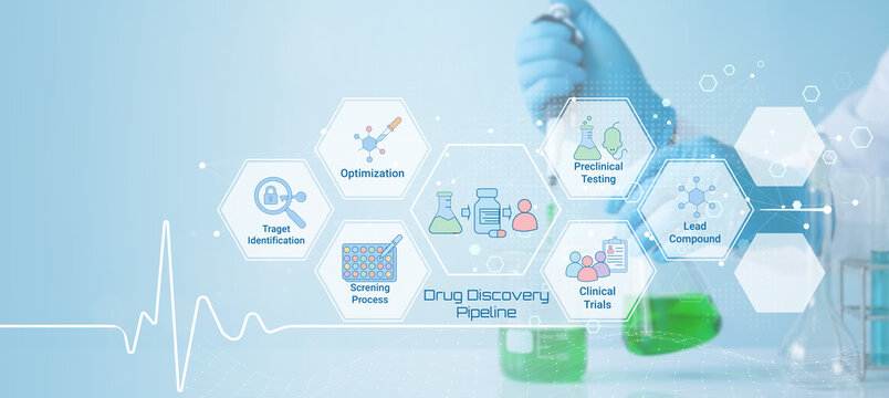 Illustrated drug discovery pipeline process showcasing stages from target identification to clinical trials with scientific icons and lab elements