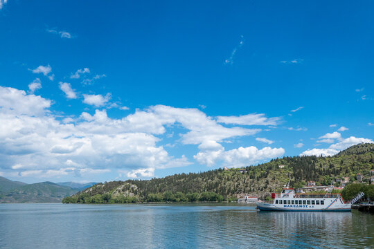 Kastoria, Greece, April 29, 2026. Tourist boat named Olympia operating on Lake Orestiada in Kastoria