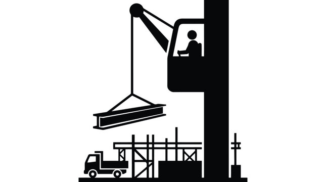 Construction crane operator lifting steel beam with truck and building frame isolated on white background